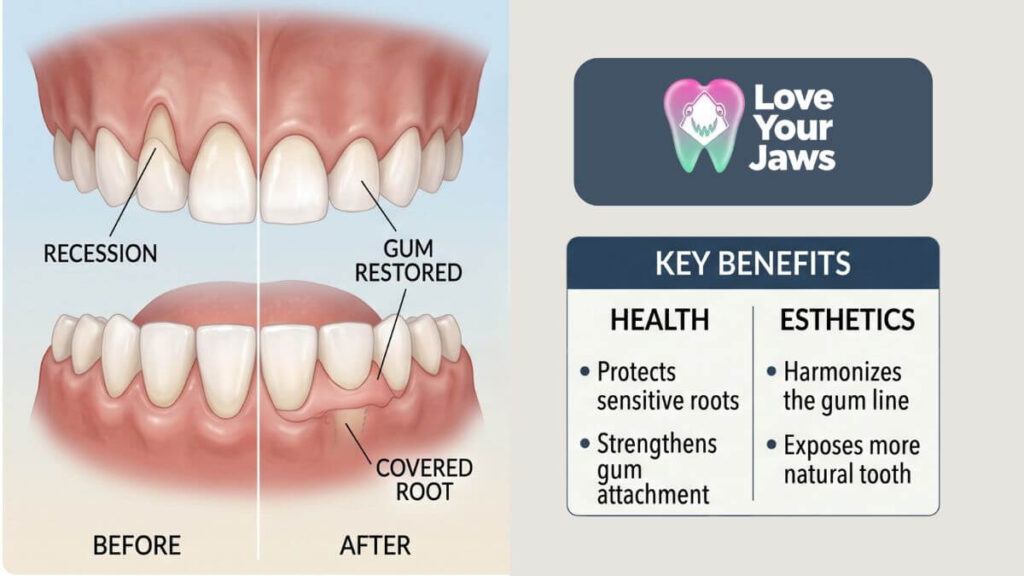 3D illustration of benefits for periodontal plastic surgery and gum restoration at Love Your Jaws,Miami.