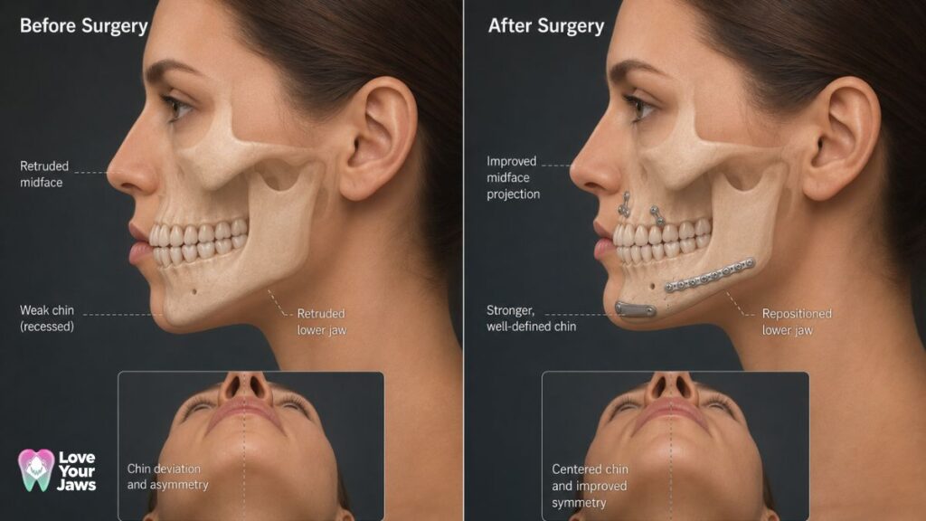 Before and after realistic 3D illustration of sliding genioplasty showing correction of a recessed chin, improved chin projection, enhanced facial profile, and balanced lower facial proportions by Love Your Jaws.