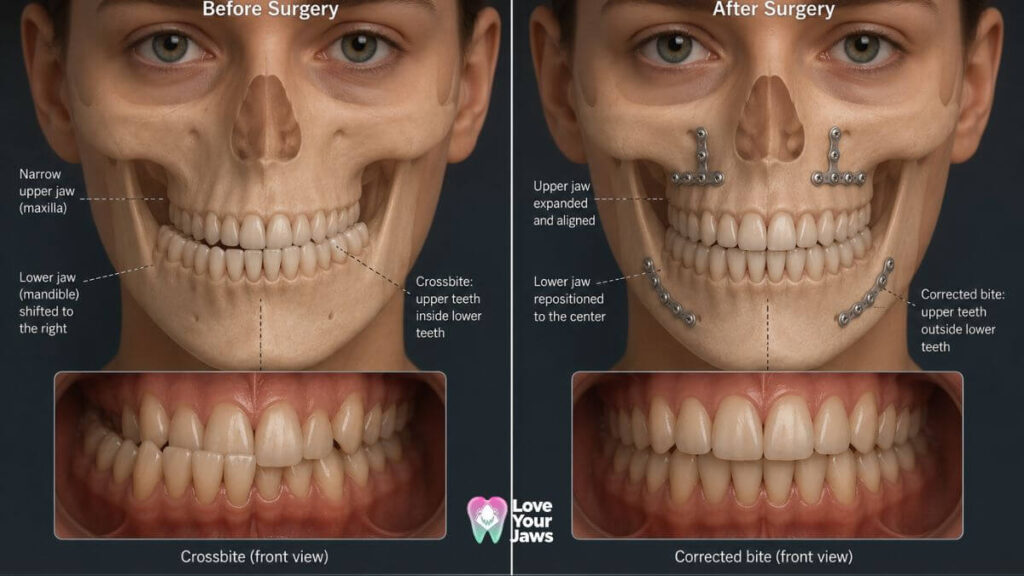 Before and after 3D medical illustration of orthognathic surgery for skeletal crossbite correction, showing improved jaw alignment, corrected dental occlusion, facial symmetry, and balanced bite by Love Your Jaws.