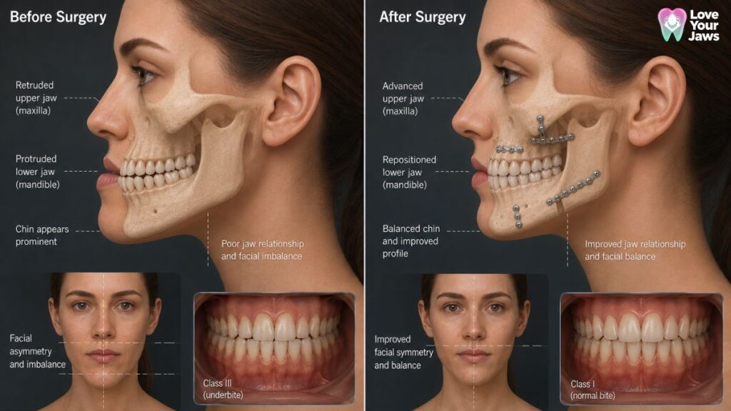 Before and after realistic 3D illustration of double jaw (bimaxillary) orthognathic surgery showing repositioning of the upper and lower jaws to correct bite alignment, facial asymmetry, and improve facial harmony by Love Your Jaws.