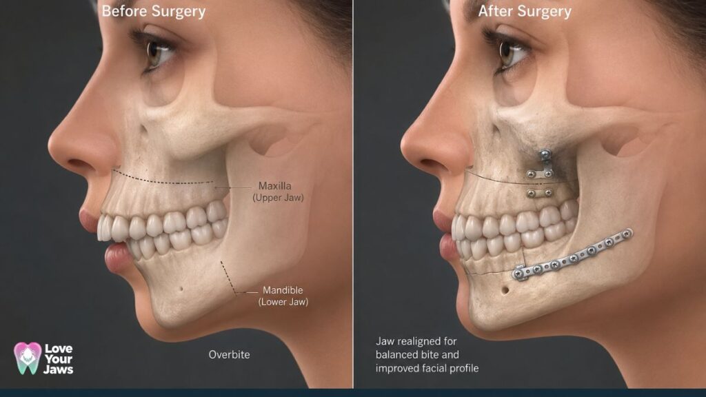 Before and after 3D illustration of orthognathic surgery for severe overbite correction, showing repositioned upper and lower jaws, improved bite alignment, and enhanced facial profile by Love Your Jaws.