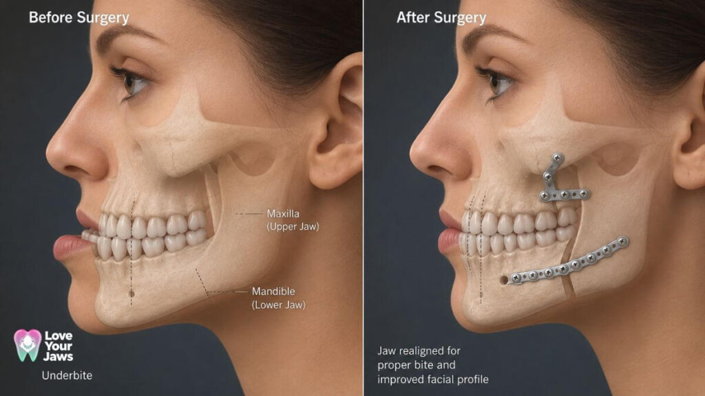 Before and after realistic 3D illustration of orthognathic surgery for underbite correction, demonstrating repositioned jaws, corrected Class III bite, balanced facial profile, and improved jaw function by Love Your Jaws.