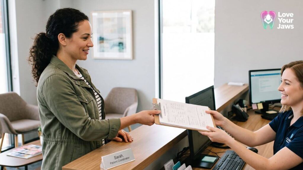 Sarah, a patient coordinator at Love Your Jaws Miami, smilingly accepts a patient's filled-out forms at the front desk of our premier Miami oral surgery office, showcasing contemporary patient care.