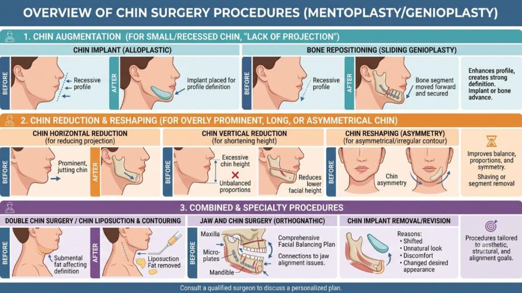 A detailed, comprehensive medical infographic from Love Your Jaws illustrating various types of chin surgery (mentoplasty/genioplasty). The image has three main sections with multiple before-and-after profile illustrations. Section 1 covers Chin Augmentation with sub-sections for Chin Implant (using an implant for profile definition) and Bone Repositioning (sliding genioplasty bone advancement) for small/recessed chins. Section 2 details Chin Reduction & Reshaping, showing horizontal reduction for projection, vertical reduction for height, and asymmetry correction with cross-section bone diagrams. Section 3 covers Combined & Specialty Procedures, including double chin liposuction for contouring, complex jaw and chin surgery (orthognathic) for facial balance, and chin implant removal/revision. The infographic uses professional color-coding and diagrams of skull anatomy.