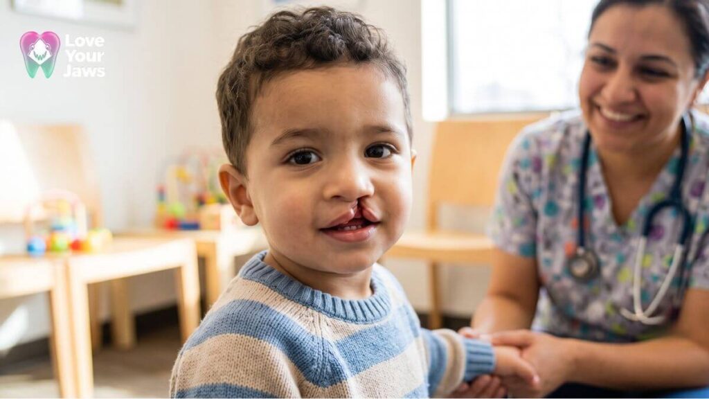 Pediatric patient with a cleft lip receiving compassionate specialized care from a healthcare provider at Love Your Jaws Miami.