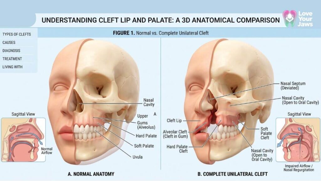 3D anatomical comparison diagram showing normal facial anatomy versus a complete unilateral cleft lip and palate by Love Your Jaws Miami.