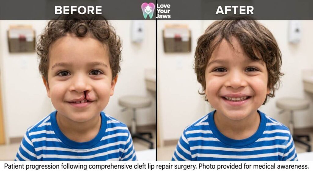efore and after comparison of a smiling young boy who underwent successful cleft lip repair surgery at Love Your Jaws Miami.