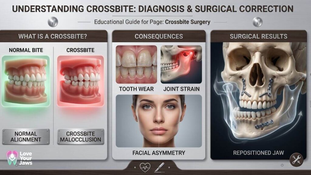 Educational infographic comparing normal bite to crossbite malocclusion, illustrating consequences like facial asymmetry, and showing a repositioned jaw with surgical plates after corrective crossbite surgery.