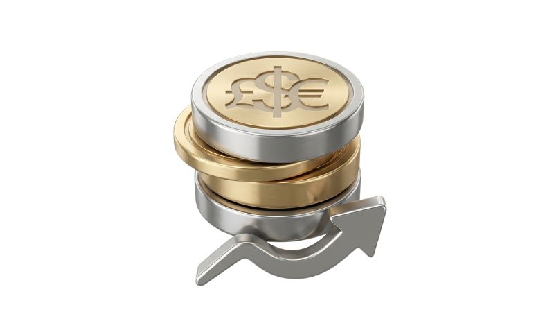 A modern 3D rendered pictogram featuring a vertical stack of substantial, polished medical-grade titanium and brushed gold coins. The top coin is subtly etched with a universal multi-currency symbol and sits above a stylized, rising arrow indicating investment value, set against a softly blurred, warm clinical dental office background.