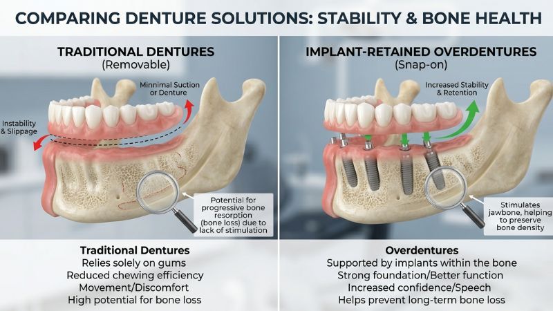 Side-by-side 3D anatomical diagram comparing traditional removable dentures resting on gums to implant-retained overdentures snapped onto dental implants in the lower jawbone.