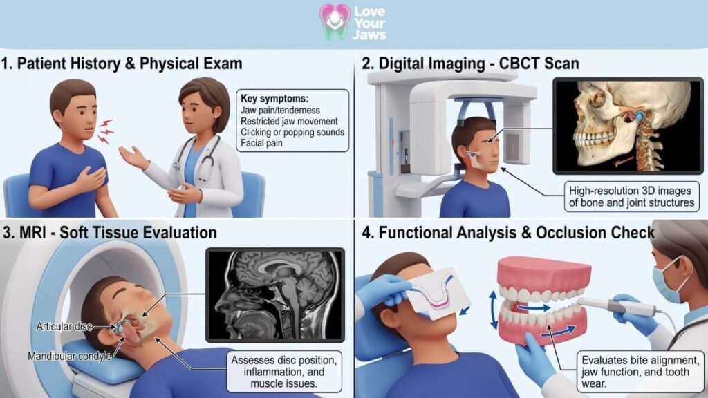 3D educational infographic showing the four-step diagnostic process for TMJ disorders and facial trauma at Love Your Jaws Surgery Center in Miami.