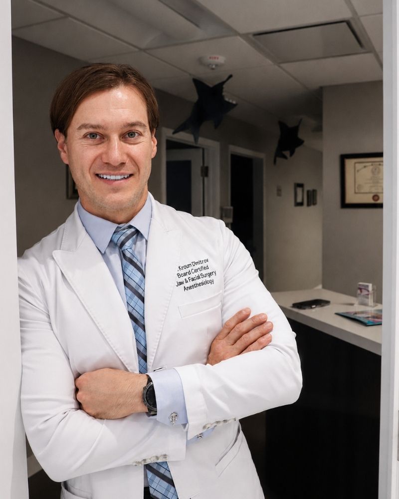 Dr. Dimitrov - an oral surgeon at Love Your Jaws, Miami, posing in front of his office.