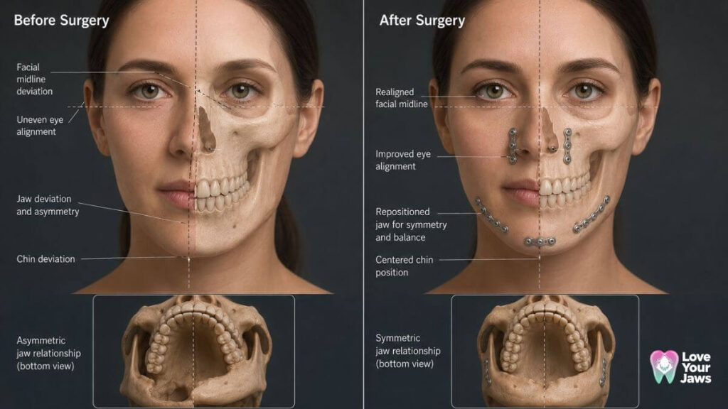 Before and after realistic 3D illustration of orthognathic surgery for facial asymmetry correction, showing centered chin, balanced jaws, improved facial symmetry, and corrected bite by Love Your Jaws.