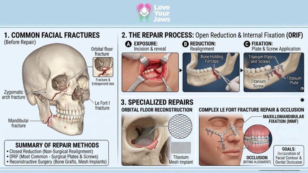 A comprehensive anatomical and procedural guide detailing facial fracture repair, presented by the oral and maxillofacial surgeons at Love Your Jaws in Miami. This image illustrates common types of facial trauma on a human skull, alongside the step-by-step surgical process for Open Reduction and Internal Fixation (ORIF) using titanium hardware.