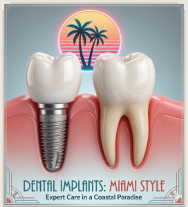 A stylized graphic illustration featuring a dental implant and a natural tooth side-by-side in a pink gum line. The image is framed in an elegant Art Deco border with tropical elements like palm fronds and pink bougainvillea flowers. In the background, a retro-style circular sunset with palm tree silhouettes sits above a faint Miami beach skyline. At the bottom, the text reads "DENTAL IMPLANTS: MIAMI STYLE" in a classic vintage font.