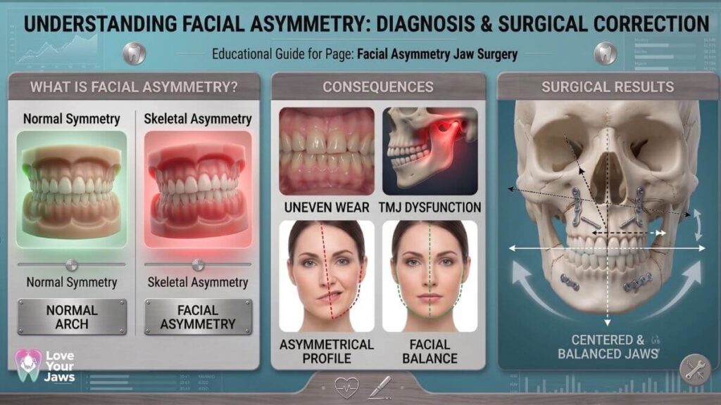 A detailed educational infographic by Love Your Jaws explaining facial asymmetry diagnosis and surgical correction. The image compares normal symmetry with skeletal asymmetry, illustrates consequences like uneven wear and TMJ dysfunction, shows asymmetrical profiles versus facial balance, and displays post-orthognathic surgery results on a skull for centered and balanced jaws.