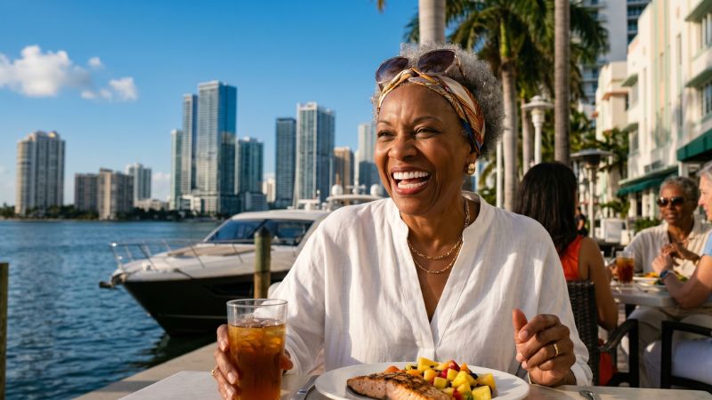 A candid photo of a joyful older Black woman with gray curly hair, smiling broadly and laughing confidently while dining at an outdoor waterfront restaurant in Miami, with yachts and a modern city skyline background.