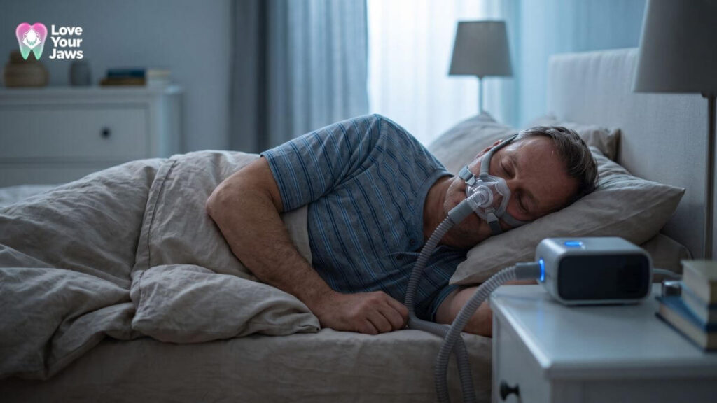 Man sleeping in bed wearing a CPAP mask to treat obstructive sleep apnea, an educational image by Love Your Jaws Miami.