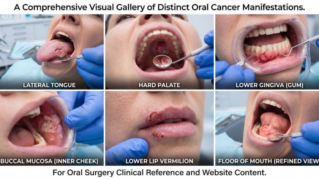 A medical gallery of 6 clinical photos showing different types of oral cancer and their specific locations.