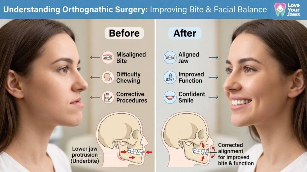 Before and after educational graphic of a woman undergoing corrective jaw surgery to fix a lower jaw protrusion (underbite), showing improved facial balance, bite alignment, and a confident smile.