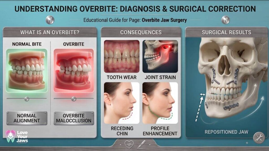 Infographic explaining overbite jaw surgery, comparing normal alignment to malocclusion, listing consequences like receding chin, and illustrating repositioned jaw results with hardware.