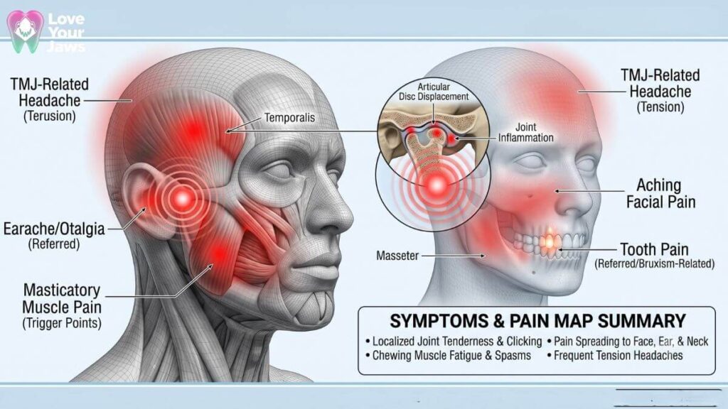 Detailed infographic showing the four-step diagnostic path for TMJ disorders and facial trauma at Love Your Jaws, Miami. It illustrates patient history and physical exams, 3D CBCT imaging of bone structure, MRI soft tissue assessment, and functional bite (occlusion) analysis for specialized oral surgery care.