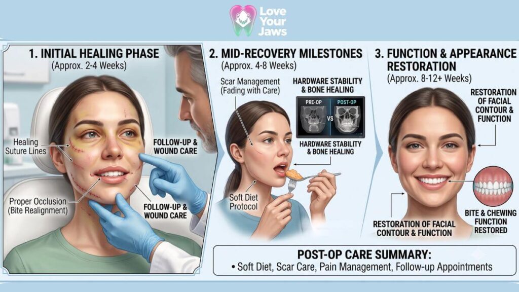 A detailed recovery timeline infographic from oral and maxillofacial surgery practice Love Your Jaws, monitoring the healing progress after facial fracture repair. It visualizes the post-operative journey in three stages for Miami patients.
