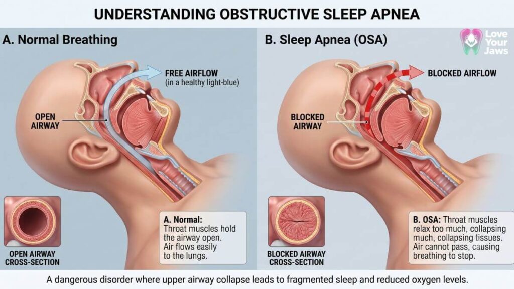 3D anatomical diagram comparing normal breathing with a clear airway to Obstructive Sleep Apnea with a blocked airway, provided by Love Your Jaws Miami.