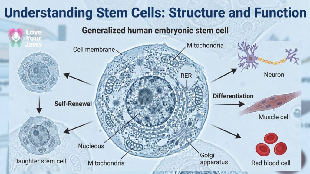 Microscope-style educational diagram of a human embryonic stem cell showing its internal structure, self-renewal process, and differentiation into neuron, muscle, and red blood cells.