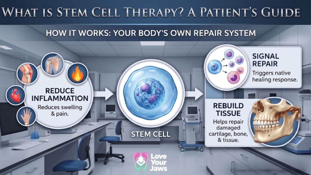 A detailed patient guide infographic from Love Your Jaws, Miami, explaining "What is Stem Cell Therapy?". The visual illustrates how stem cells function as the body's repair system through three key processes. The context is a clean medical laboratory environment, with the Love Your Jaws logo at the bottom.