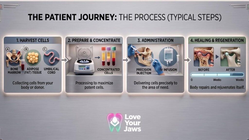Regenerative medicine process infographic by Love Your Jaws in Miami, detailing four patient journey steps: 1) Harvesting cells from bone marrow, adipose (fat), or umbilical tissue; 2) Cell processing and concentration in a centrifuge; 3) Precise cell administration via injection or IV; 4) Joint healing and regeneration over time. Shows advanced therapy principles for jaw issues and joint repair.