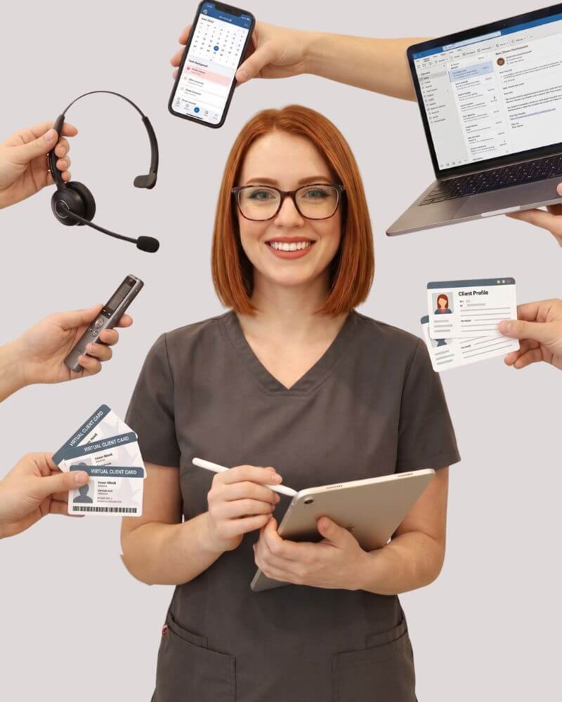A smiling virtual assistant in grey scrubs at Love Your Jaws Surgery Center in South Miami, holding a digital tablet and stylus, surrounded by hands presenting office technology and client profile cards.