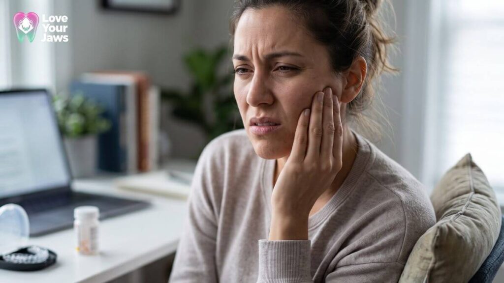A young woman clenches her jaw in a home office, making her a prime example of a candidate for TMJ treatment in Love Your Jaws Surgery Center in Miami.