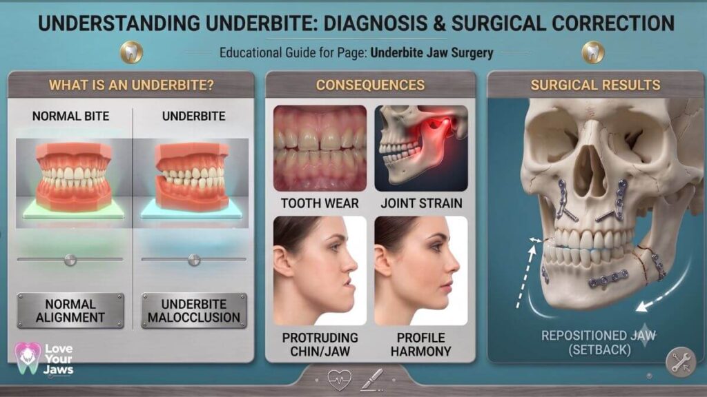Educational guide on underbite diagnosis and surgical correction by Love Your Jaws Surgery Center, illustrating normal versus underbite malocclusion, physical consequences like tooth wear and a protruding chin, and surgical setback results on a human skull model.