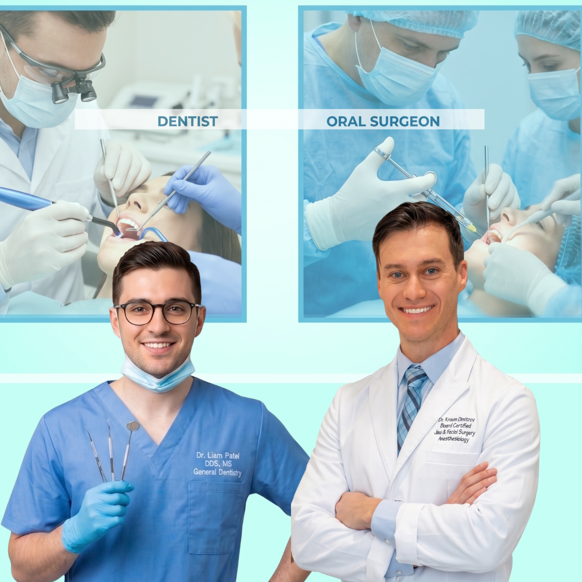 A side-by-side comparison graphic showing a male general dentist in blue scrubs holding dental tools on the left, and a male oral surgeon in a white lab coat with his arms crossed on the right. Both figures have clinical photos demonstrating their respective procedures above them.