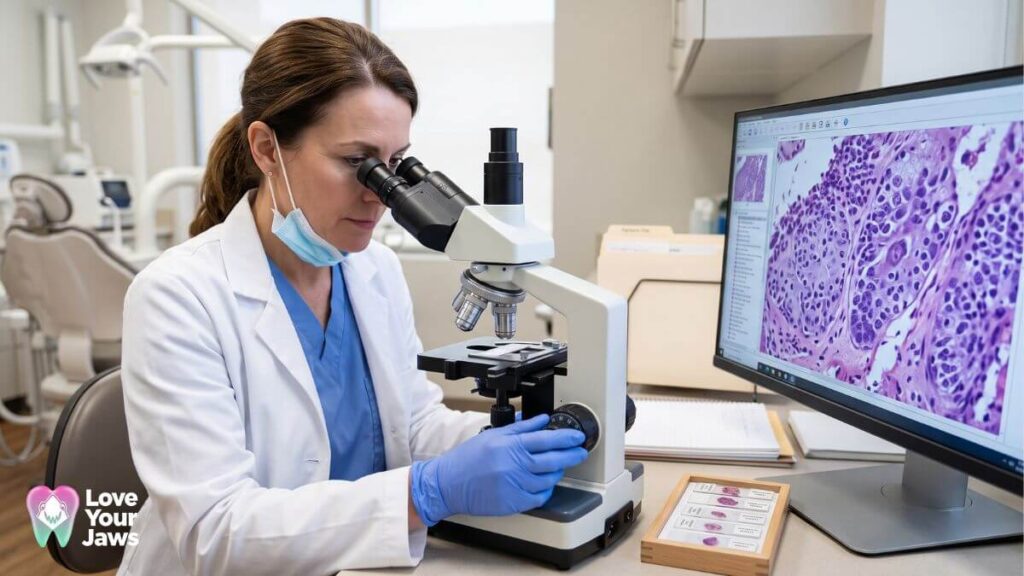 A detailed, close-up photograph in a modern digital oral pathology laboratory at 'Love Your Jaws', Miami featuring a specialized female pathologist analyzing an annotated tongue lesion micrograph.