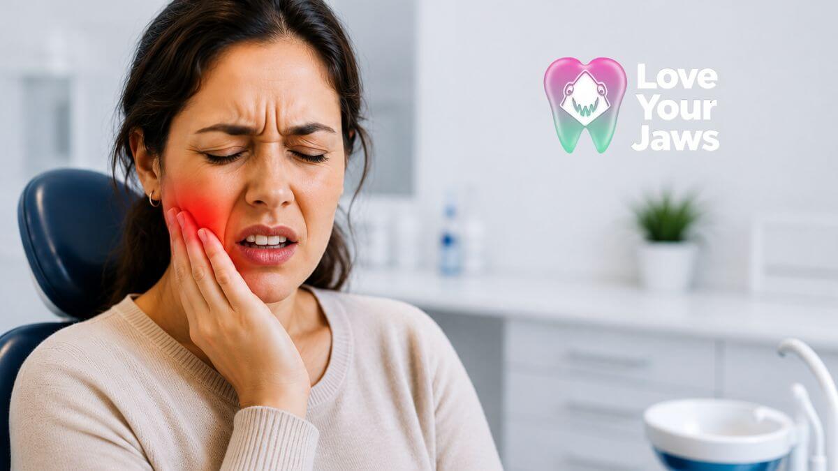 Woman experiencing severe tooth and jaw pain, holding her cheek while seated in a modern dental clinic, representing the need for emergency oral surgery care.