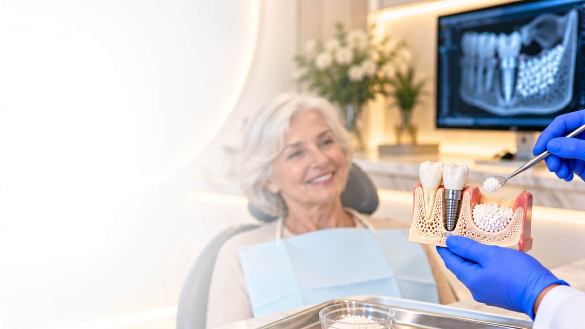 Bone grafting for dental implants at Love Your Jaws in Miami, showing an oral surgeon demonstrating jawbone restoration with bone graft material and a dental implant model to a senior female patient.