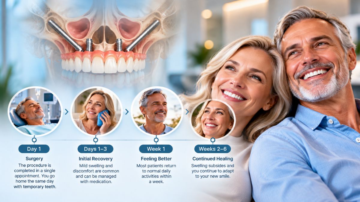 Zygomatic dental implant recovery timeline showing healing stages from surgery to six weeks, with a smiling couple and 3D implant illustration at Love Your Jaws Oral Surgery Center in Miami.