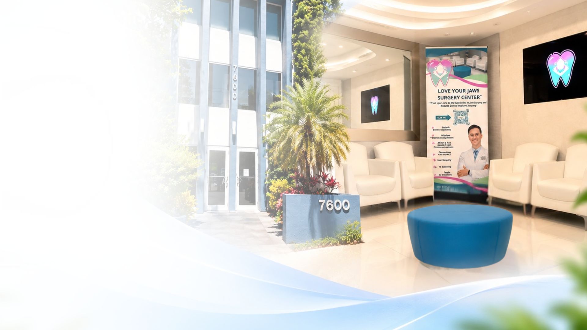 Love Your Jaws Surgery Center in South Miami, featuring a modern, welcoming oral surgery office, comfortable patient waiting area, and contemporary building exterior.