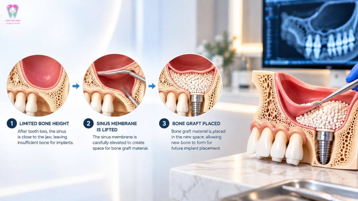 Educational 3D illustration of sinus lift surgery for dental implants, showing sinus membrane elevation, bone graft placement, and jawbone restoration at Love Your Jaws Oral Surgery Center in Miami.