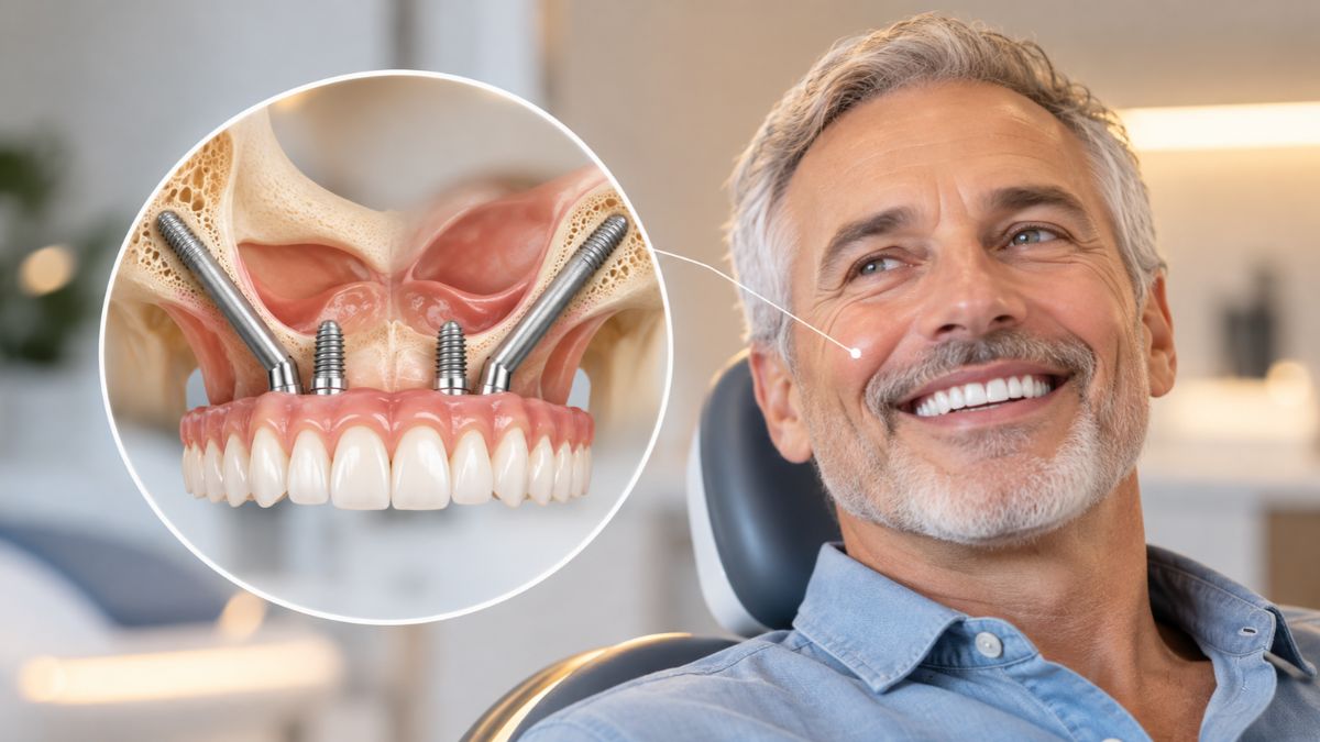 3D illustration of zygomatic dental implants anchored in the cheekbones to support full upper arch teeth, alongside a smiling patient at Love Your Jaws Oral Surgery Center in Miami.
