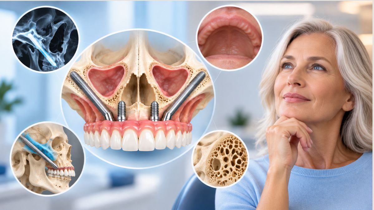 Educational 3D illustration of zygomatic dental implants for patients with severe upper jawbone loss, featuring cheekbone implant placement, bone structure, and a toothless upper jaw at Love Your Jaws Oral Surgery Center in Miami.