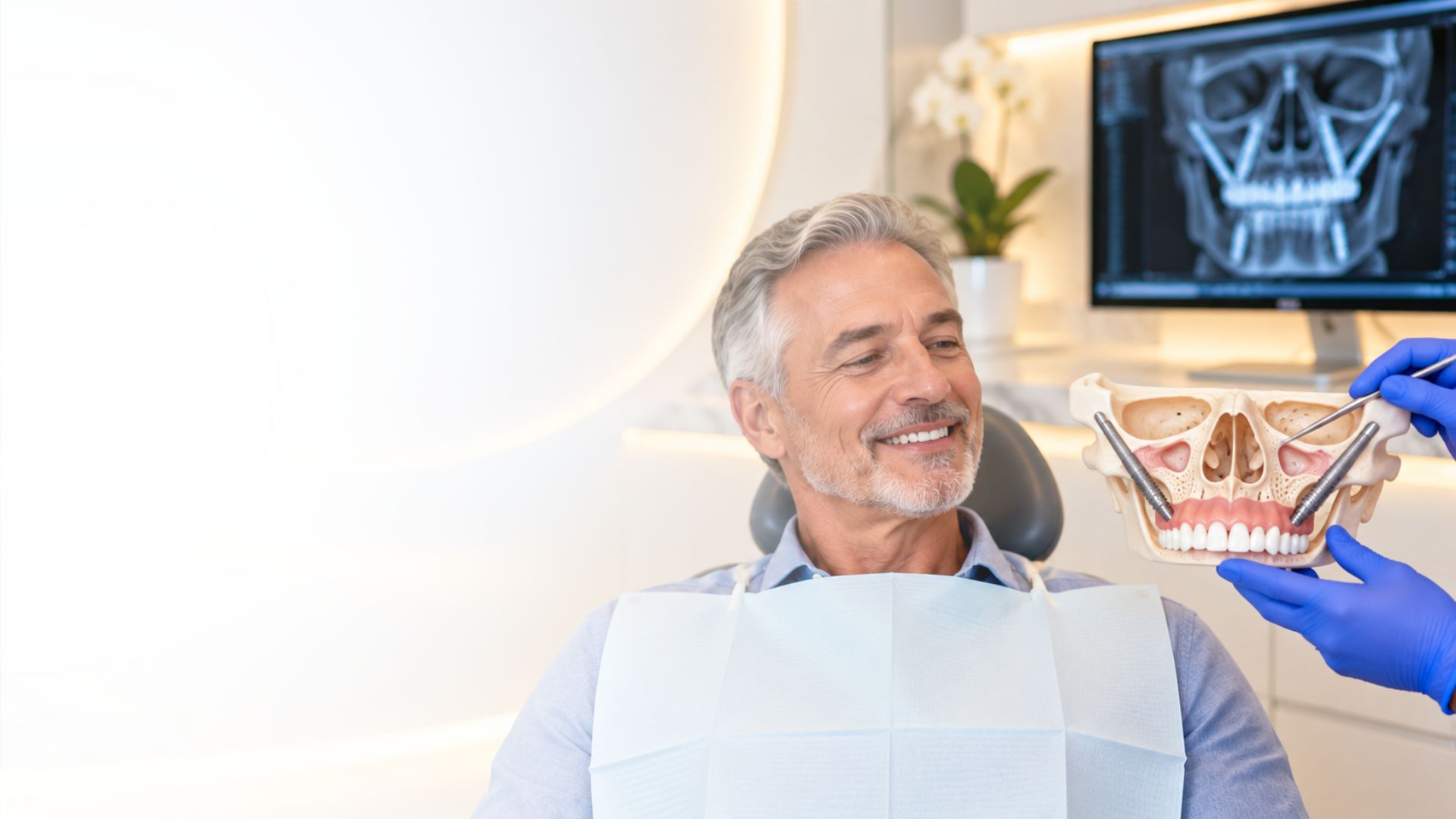 Male patient exploring zygomatic dental implants at Love Your Jaws in Miami, with an oral surgeon displaying specialized implants for advanced upper jaw restoration.